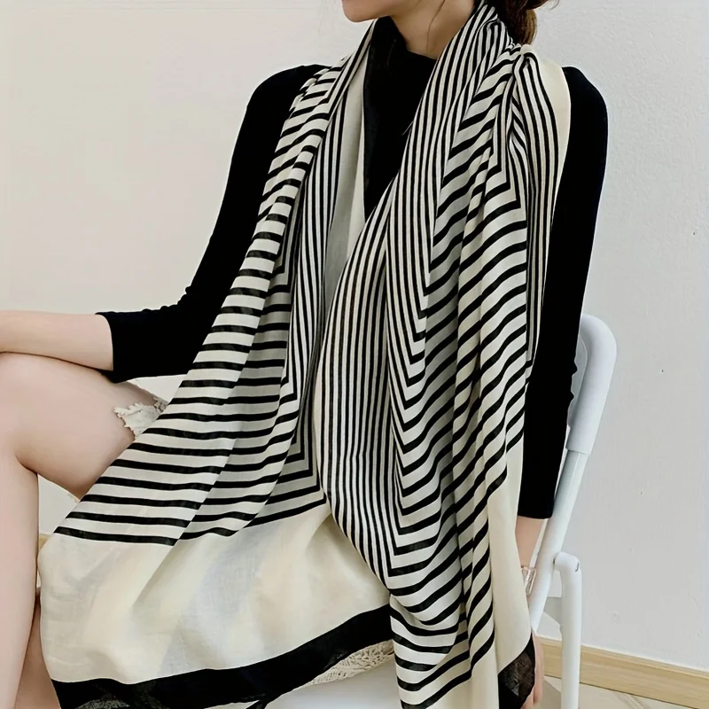 Classic Black White Striped Scarf Elegant Thin Breathable Silky Shawl Spring Summer Sunscreen Soft Beach Towel