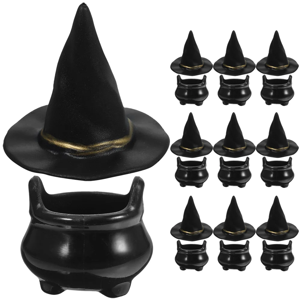 10 Sets Halloween Witch Hat Water Kettle Tiny Hats for Dolls Accessories Mini Crafts Cauldron Plastic