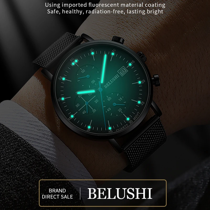 BELUSHI New Business Wrist Watches For Men Brand Sport Stopwatch Calendar Waterproof Watch Man Luminous Mesh Quartz Clock Male