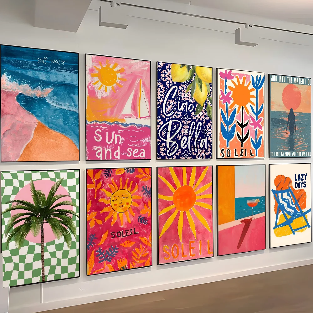 Abstract Colourful Sun Ocean Palm Tree Landscape Cactus Poster Printing Home Porch Bar Restaurant Cafe Art Decoration Painting