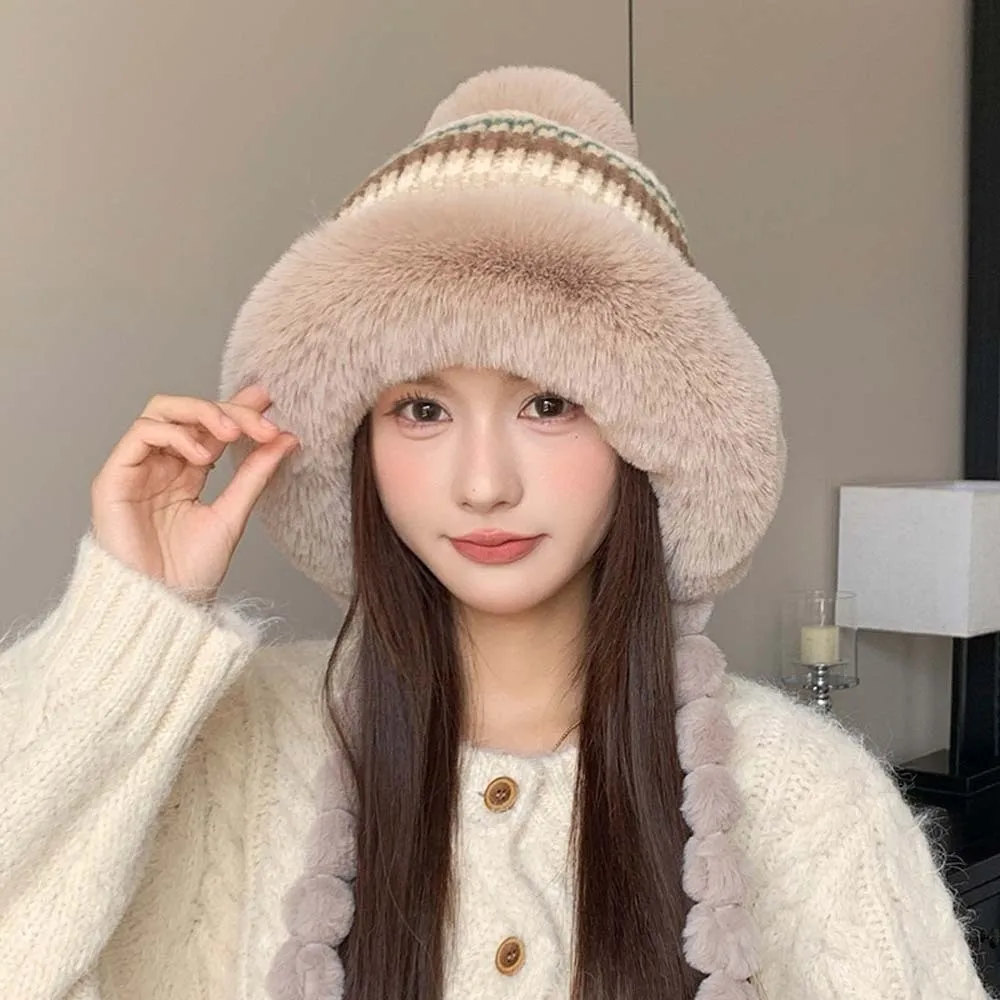 Fleece Lined Pompom Braids Hat Striped Knit Soft Yarn Fur Trim Trapper ElasticThick Thermal Earflap Winter Cap Travel