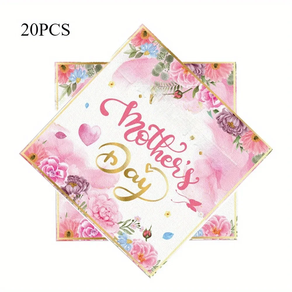 20pcs Mother's Day Disposable Napkin Flower Printed Paper Placemats for Mother's Day Holiday Party Dinner Table Layout Supplies