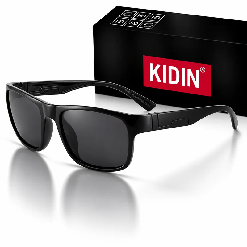 KIDIN Polarized Sunglasses Men Square UV400 TAC Lens Classic Black Wide Temple for Driving Fishing Travel Outdoor