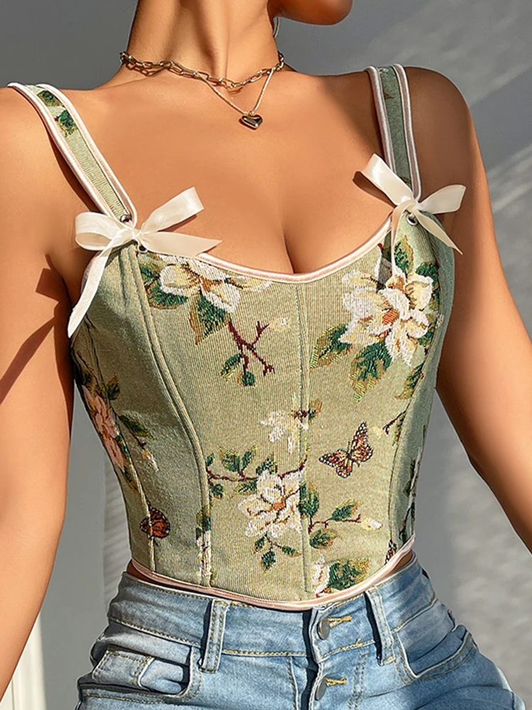 Butterfly Floral Spaghetti Strap Tank Top, Slim Fit Cinched Waist Pointed Hem Short Outerwear Top