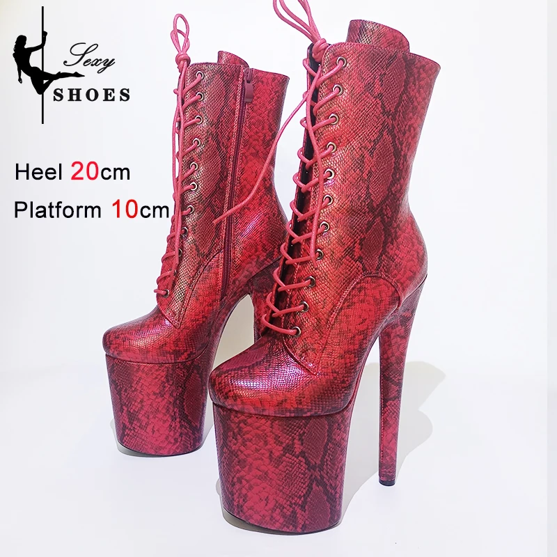 Super High Heel 20cm/8Inch Women Ankle Boots Snake Pattern Sexy Platform Strappy T-show Model Shoes Large Size Stripper Heels