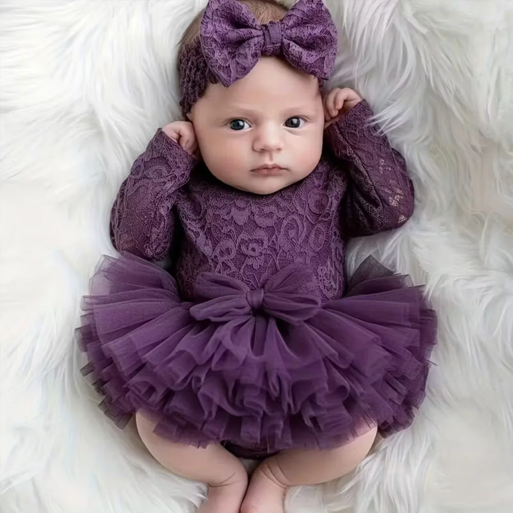 2pcs Newborn Photography Props Lace Bodysuit and Headband Set for Baby Girls - Fluffy Net Tutu Dress Outfits Baby Shower Family