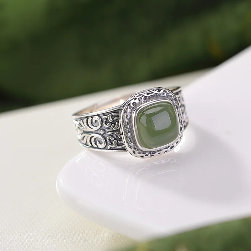 Amber S925 Sterling Silver Hetian Jade Curly Grass Pattern Square Ring Versatile Style