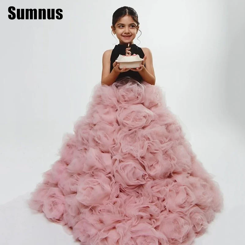 

SUMNUS Black And Pink A-Line Flower Girl Dresses Tiered Pleats O-Neck Knee-Length Sleeveless Wedding Occasion Gowns Customized