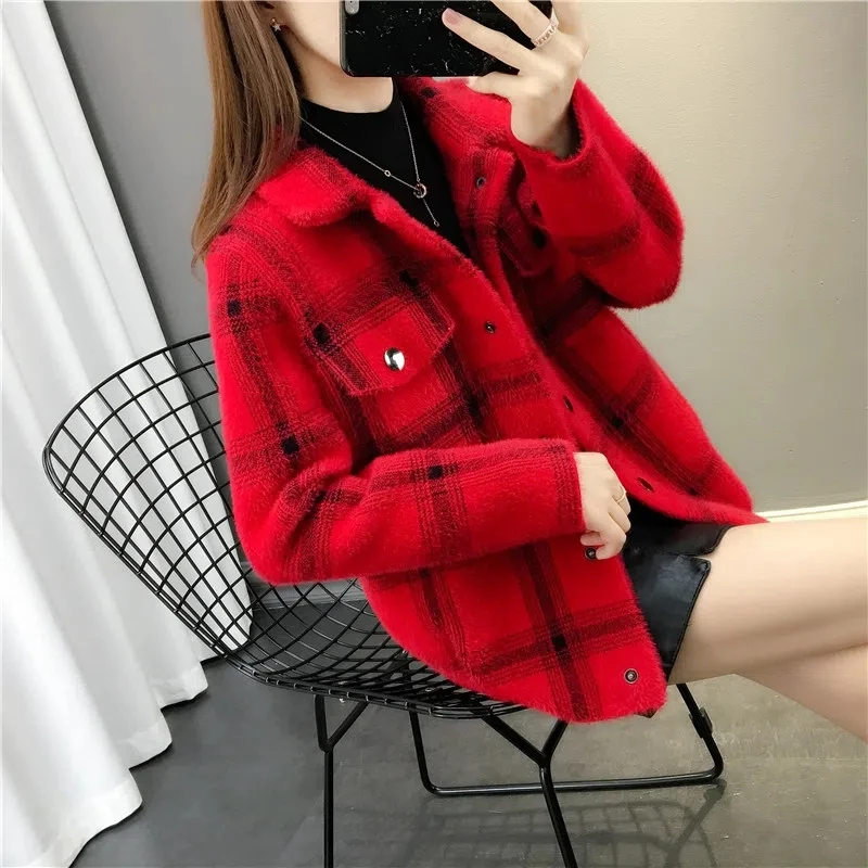 Women Imitation Mink Short Coat 2025 New Autumn Winter Jacket Loose Plaid Knitted Sweater Cardigan Coats Female Tops Outerwear