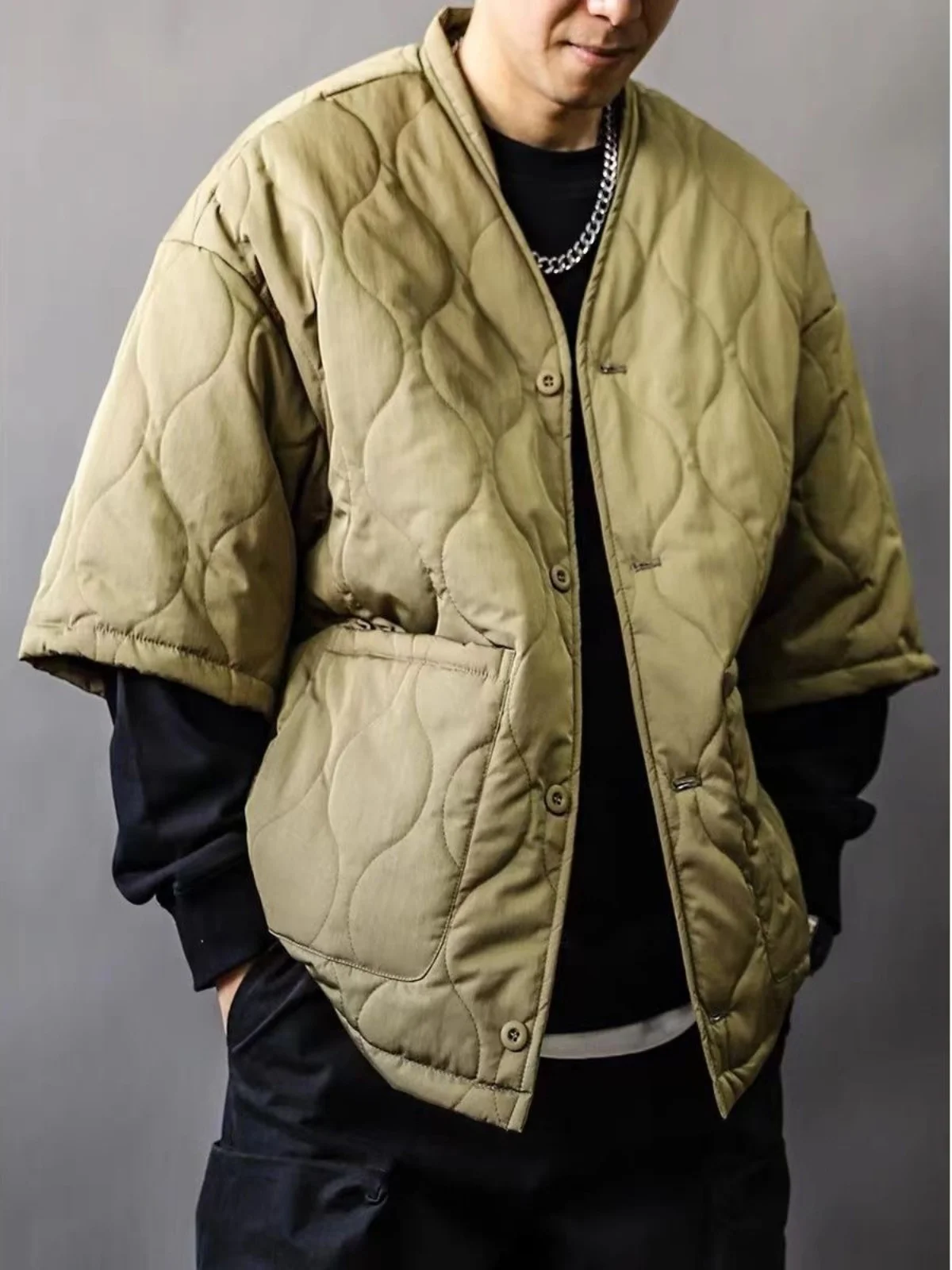 Loose Fit Cotton Workwear Jacket V-Neck Half Sleeve No Collar Men's Winter Casual Style Warmth Youth Popular Chinese Brand Ta...