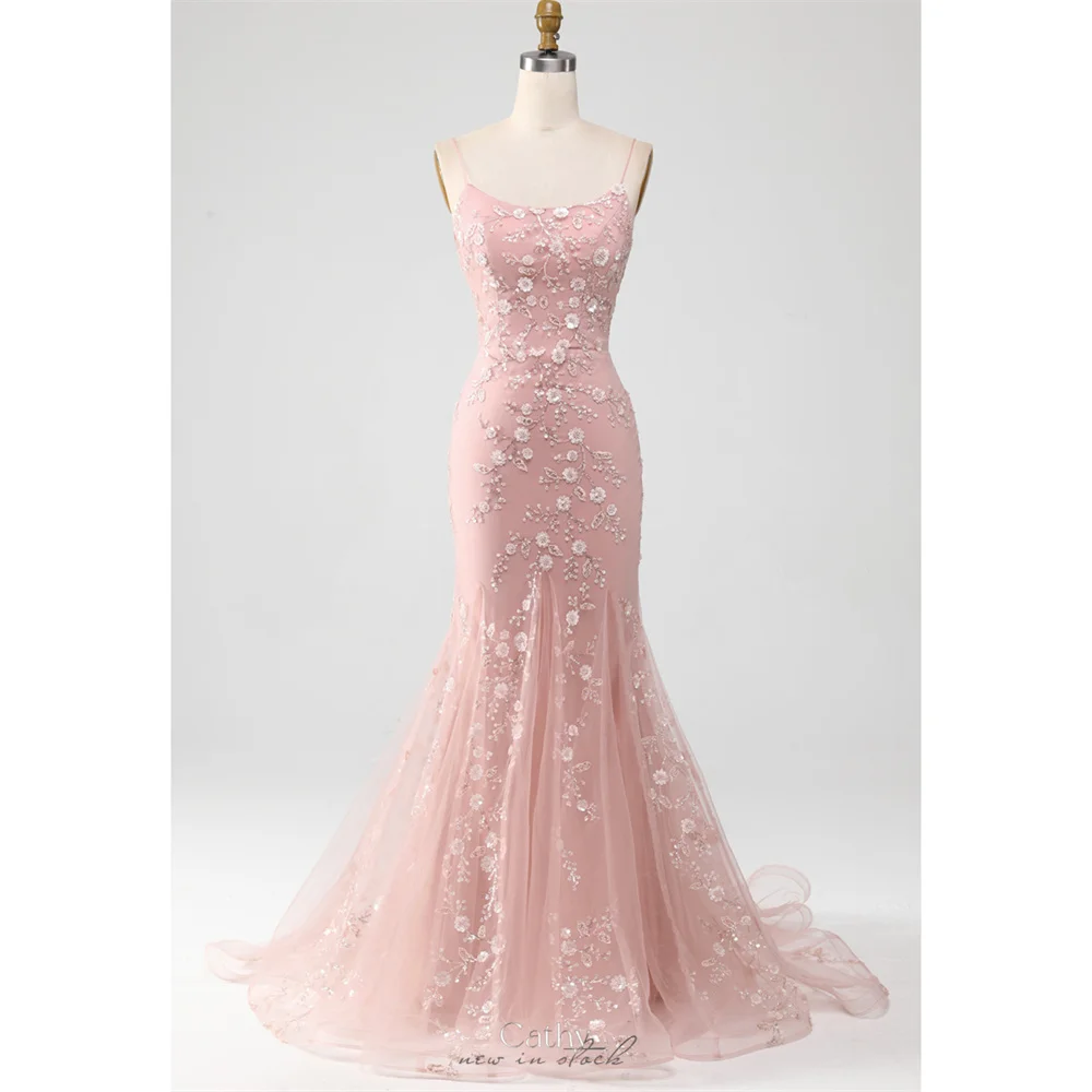 

Cathy Customized Pink Mermaid Spaghetti Strap Prom Dress Sequinned Appliques vestidos de noiva Lace-Up Sleeveless Formal Evening