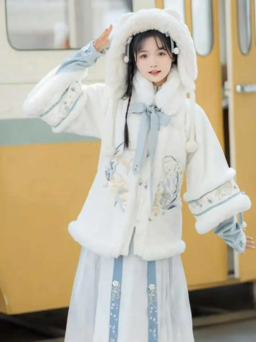 

Thiened осень-зима Hanfu женский полный комплект для взрослых Ming Dynas Sle свитер с вышивкой юбка для лица традиционный подбородок...