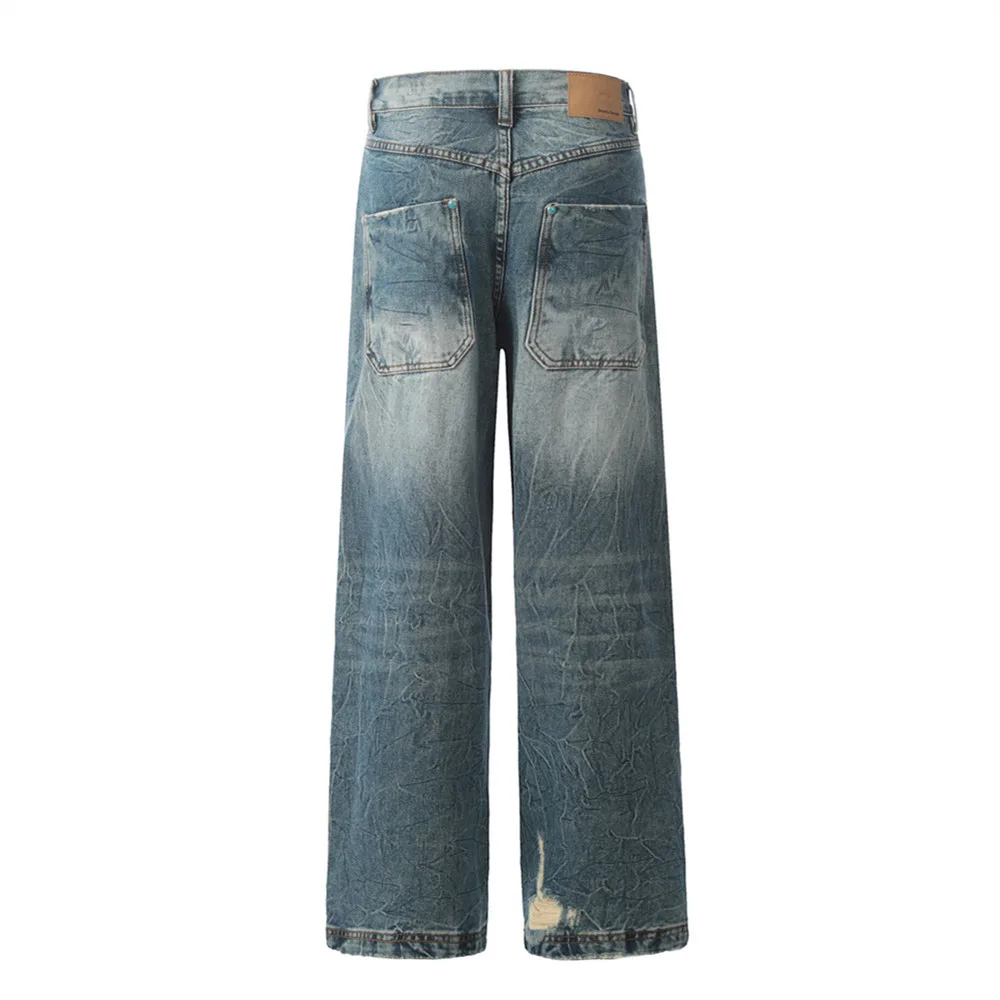 Zerrissene Doppelknie-Jeans für Herren, gewaschen, Distressed, locker, gerade, weites Bein, gespleißte Denim-Hosen für Herren – Detail 5