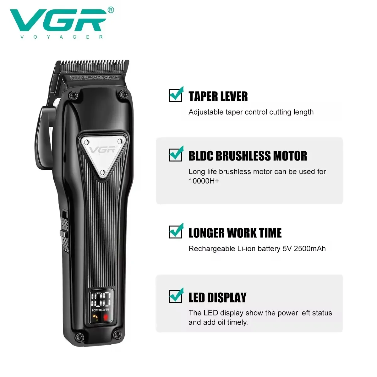 VGR Hair Clipper Brushless Motor Digital Display DLC Blade Barber Metal Rechargeable Professional Hair Clipper for Men V-137