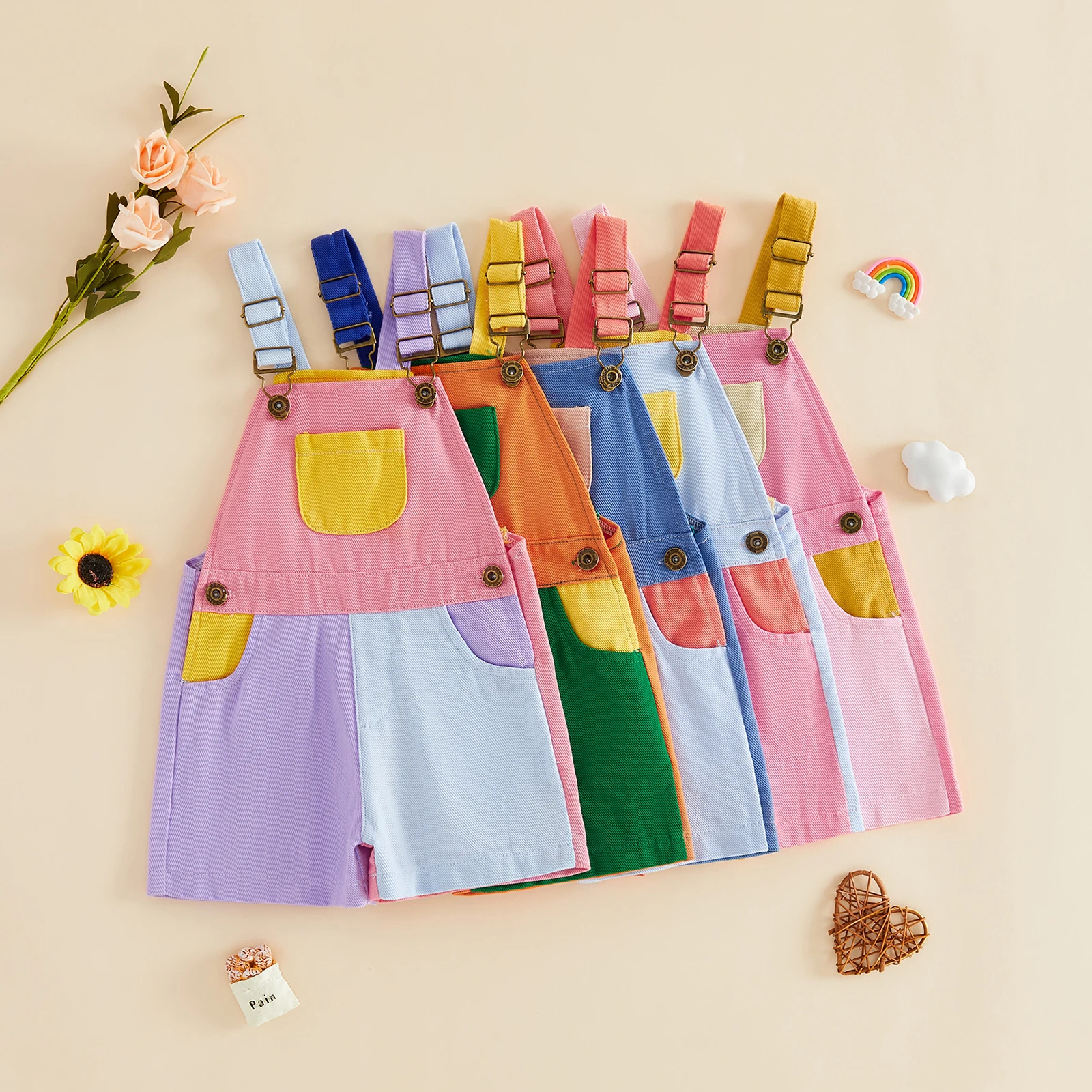 0-4Y Baby Boys Girls Overalls Sleeveless Contrast Color Suspender Shorts Toddler Kids Summer Denim Romper Jumpsuits