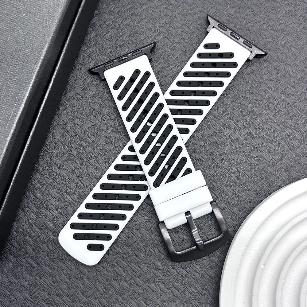 Ademende siliconen horlogeband voor Apple Watch Ultra 3/2/Ultra, Series 11 10 9 8 7 6 5 4 3 2 1, SE SE2/3, 38/40/41/42/44/45/46/49mm. Stijlvolle zachte vervangende polsband voor dagelijks gebruik,