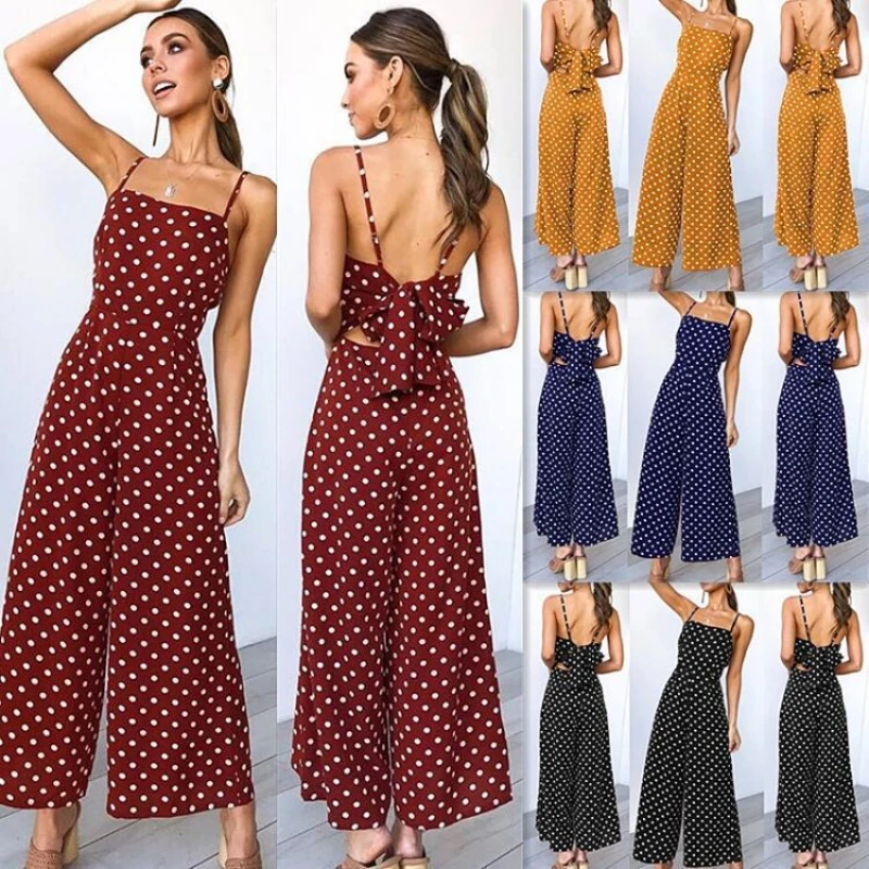 2023 Casual Spaghetti Straps Polka-dot Backless Lace Up Long Jumpsuit