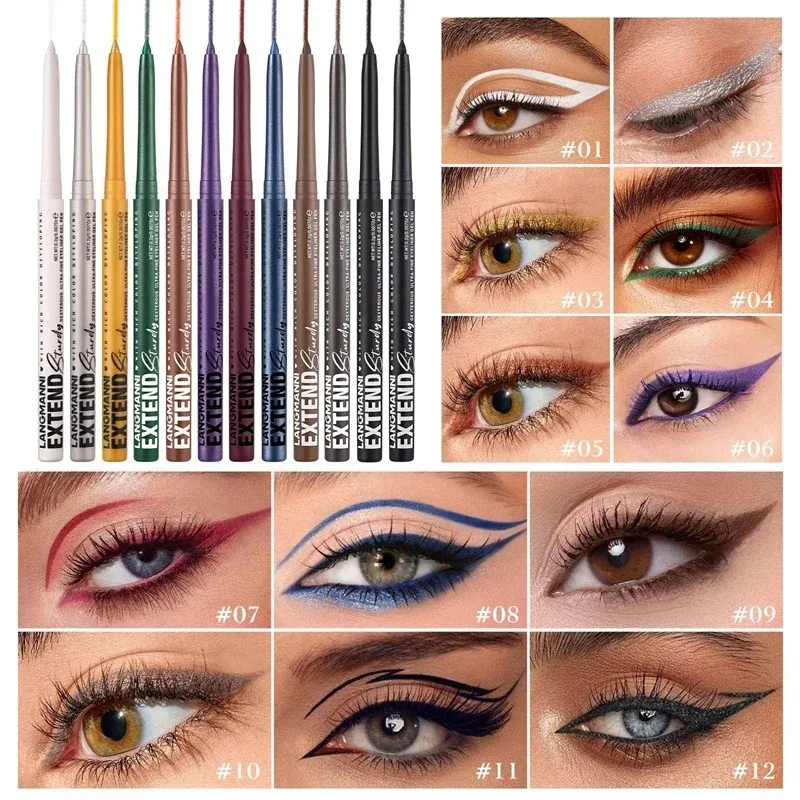12-Color Waterproof Eyeliner Gel Pencil Long-Lasting Makeup for Smokey Gothic Punk Eye Liner Quick Drying Smooth Beauty Eyeliner