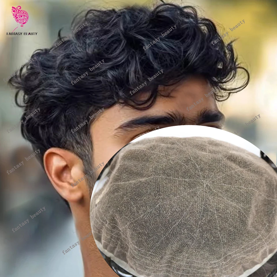 

Black Full Swiss Lace Front 25mm Curly Brown Blonde Grey Natural Hairline Men's Toupee 100% Human Hair Bleach Knots Prosthesis