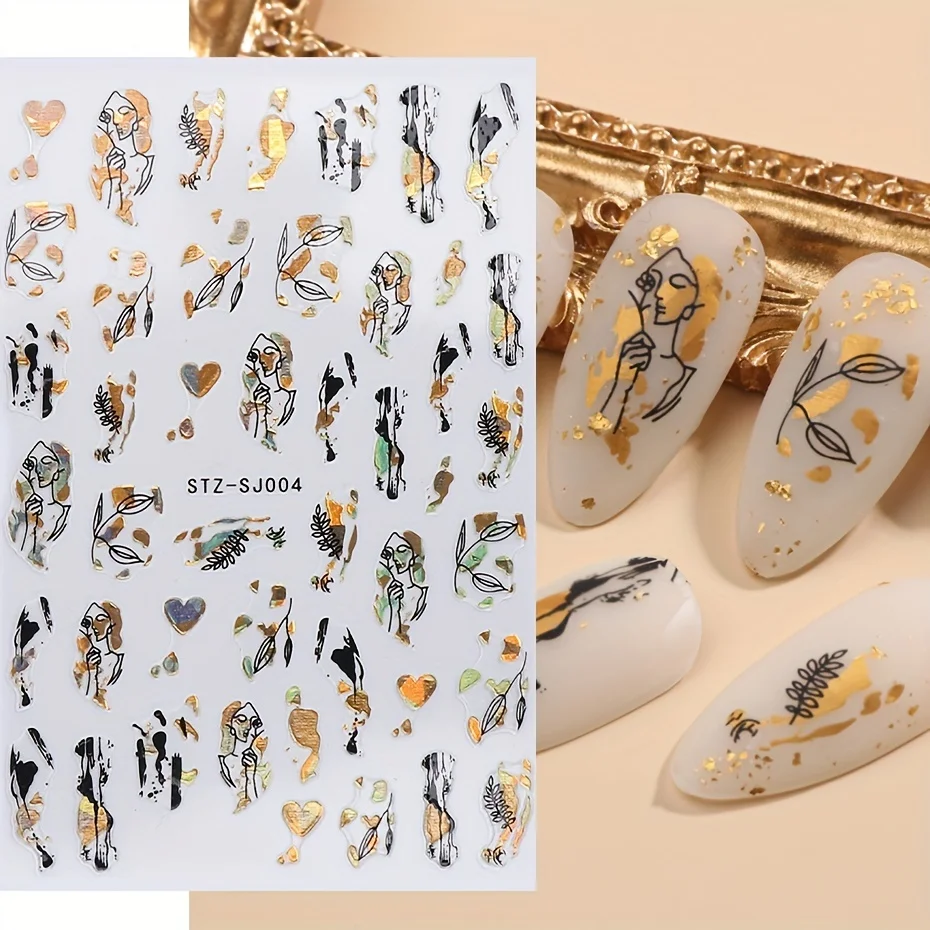 1PC Abstract Geometry Stickers for Nail 3D Laser Golden Black Leaves Heart Line Adhesive Sliders Decor Holographic Decal