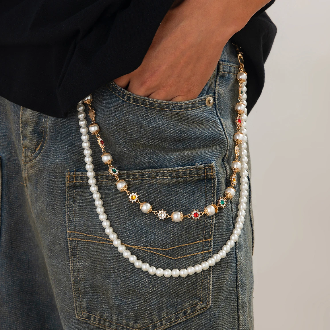 Ingemark Simple Imitation Pearl Rhinestone Waist Chain Men Vintage Gold Color Beads Jeans Key Wallet Chain Hip-hop Jewelry Gift