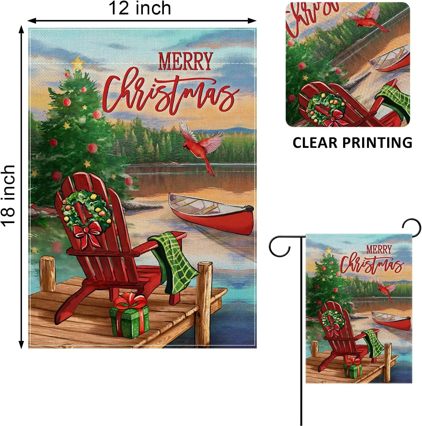 Merry Christmas Lake Red Chair Decorative Garden Flag, Xmas Tree Lakehouse Boat Cardinal Yard Outside Decorations, Farmhouse Hol