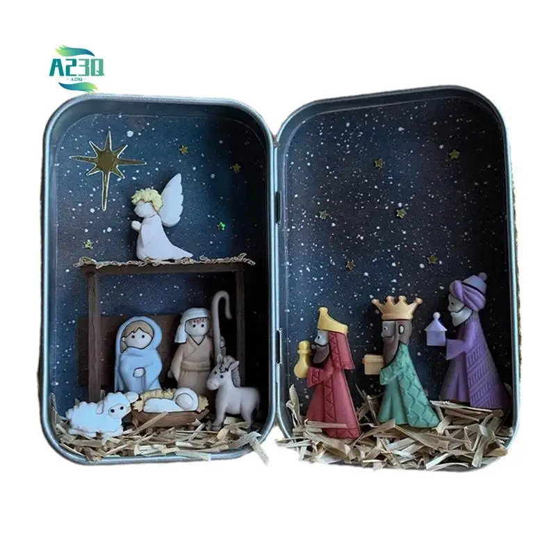 A23Q-Christmas Nativity Jesus Nativity Set Handmade Cabin Box Theater Desktop Ornaments For Xmas Decor