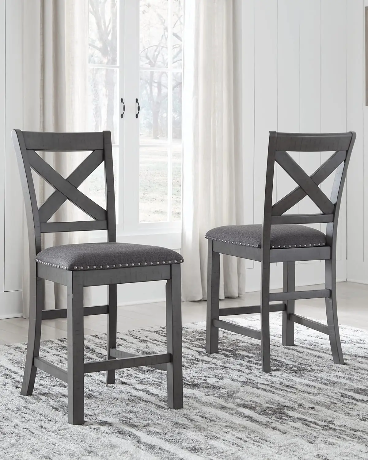 

Modern Farmhouse Style 25" Counter Height Barstool, X-backs Polyester Upholstered Bar Stool, Set of 2, Dark Gray