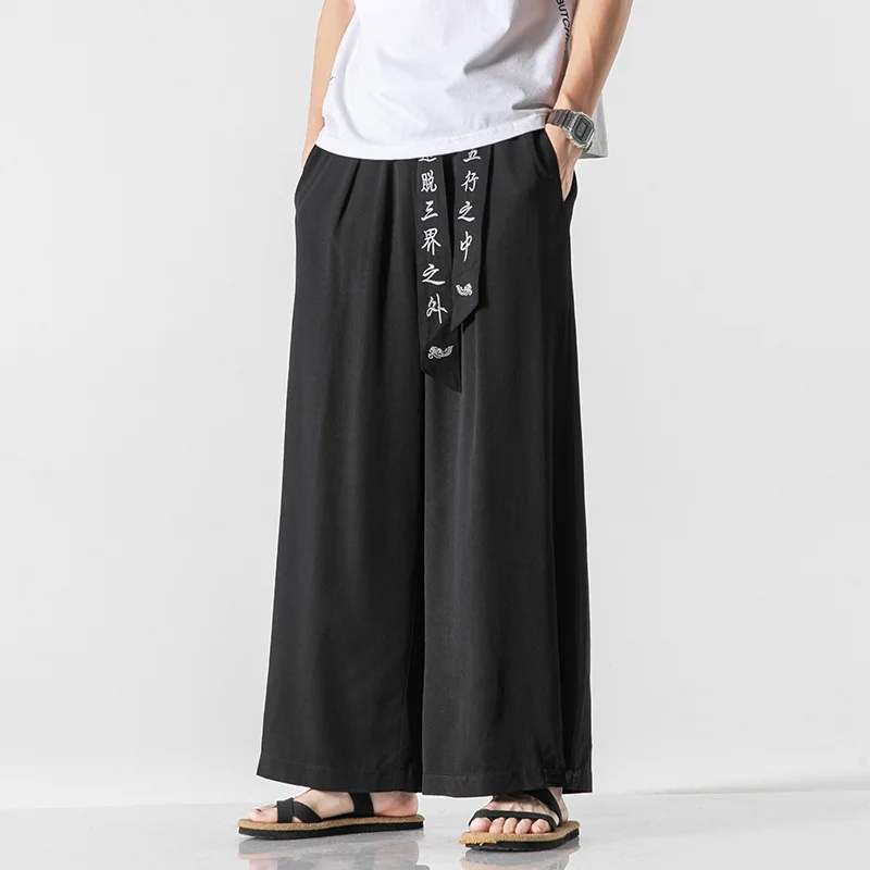 Summer Thin Loose Ice Silk Wide Pants Men Clothing Plus Size Straight Culottes Casual Hanfu Harajuku Baggy Trousers Male