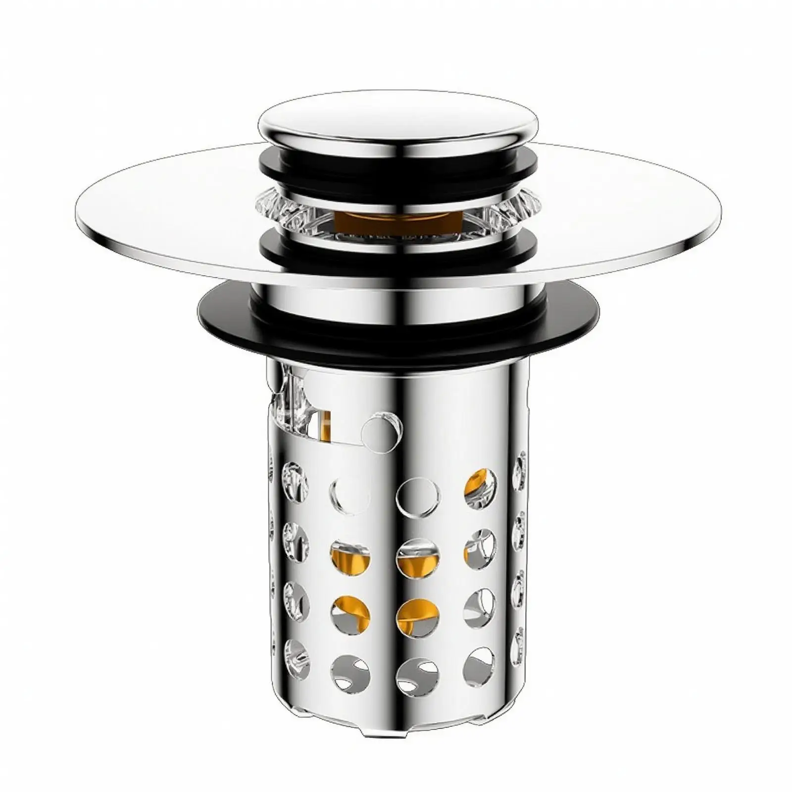 Press Type Sink Drain Stopper Stainless Steel Brass Core Pop Up Drain Plug with Cylindrical Strainer for Kitchen Sink