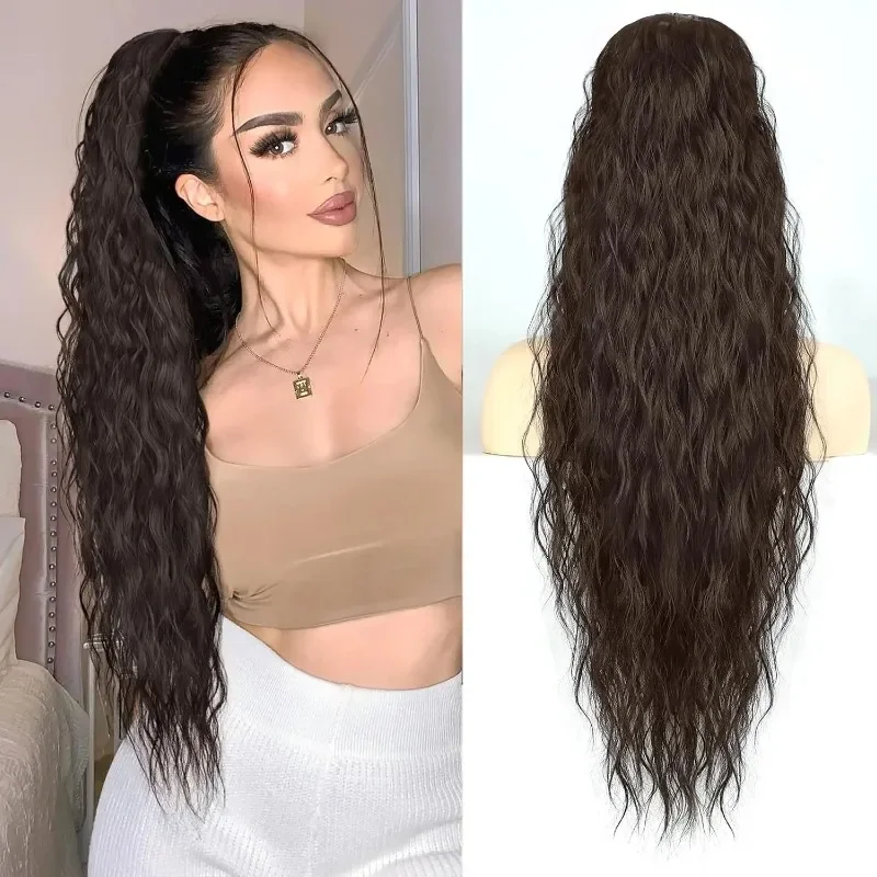 26 بوصة الاصطناعية الذرة متموجة طويل ذيل حصان الشعر التمديد شعر مستعار غريب مجعد مشبك سميك في الرباط ذيل حصان على اكسسوارات للشعر