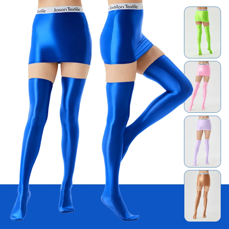 Women Sexy Oil Shiny Glossy Spandex Skirt + Stockings 2 Piece Set Semi Sheer Mini Pencil Skirt Xmas Party Night Club Dance Wear