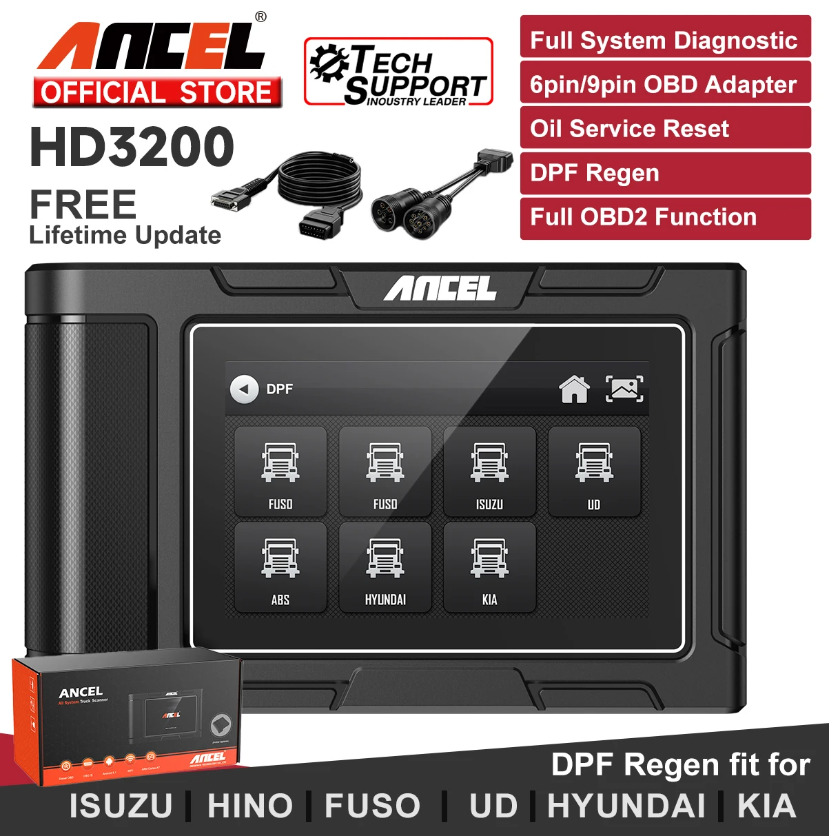 

ANCEL HD3200 Профессиональный 12 В 24 В OBD2 сверхмощный сканер грузовиков диагностический инструмент считыватель кодов проверки двигателя и прозрачный для ISUZU HINO