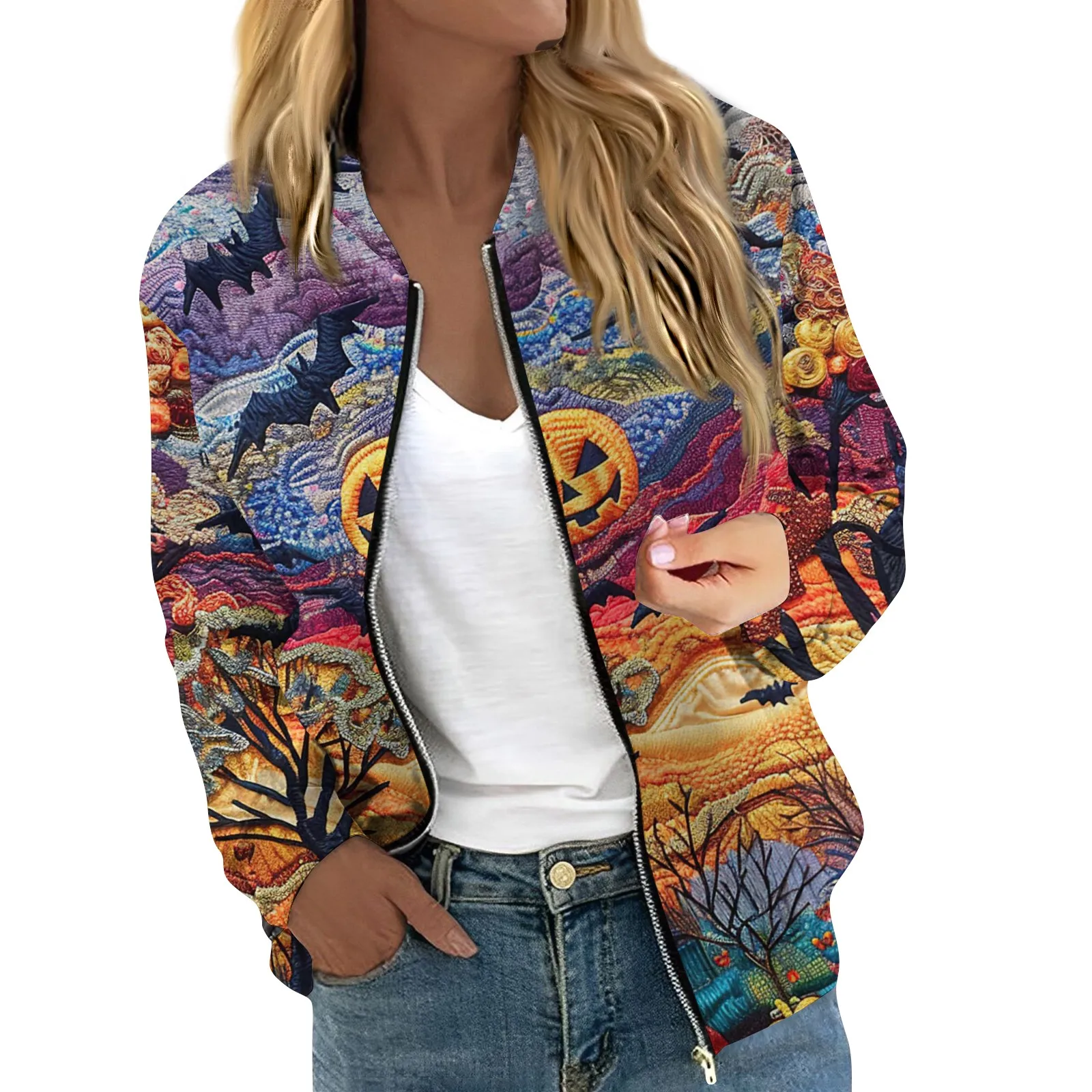 Women\'s Halloween Print Jacket Fashion Casual Long Sleeve O-Neck Zipper Jackets Top Fall all-match coat Women\'s autumn clothes