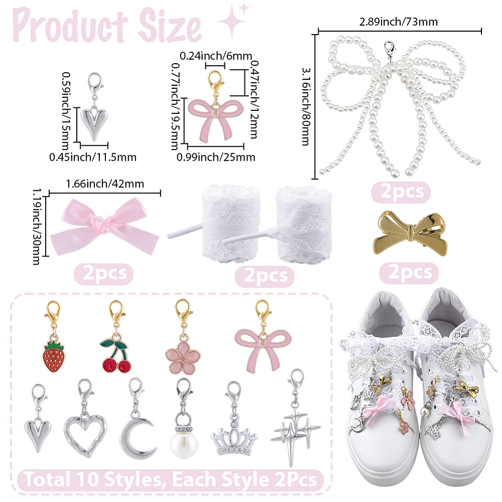 1 Box 22Pcs Alloy Shoe Charms Shoe Lace Charm Kit Metal Bows Bowknot Pins Pearl Lobster Clasps Decoration Jewelry Accessories