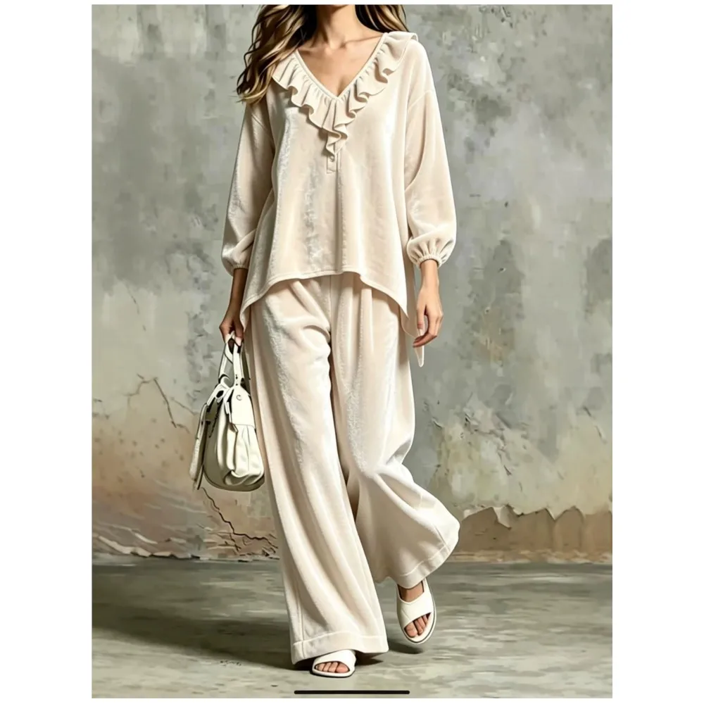Women's VelvetLong Pants 2 Piece Set Ruffle V Neck Puff Sleeve Loose Top Wide Leg Pants Casual Elegant Ladies Matching Outfit