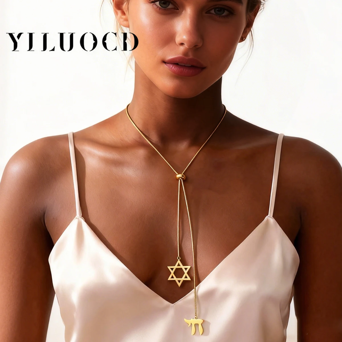 Double Amulet Pendant Long Necklaces Star of David and Jewish Hebrew Chai Necklace Sweater Chain Hexagram Judaism Steel Jewelry