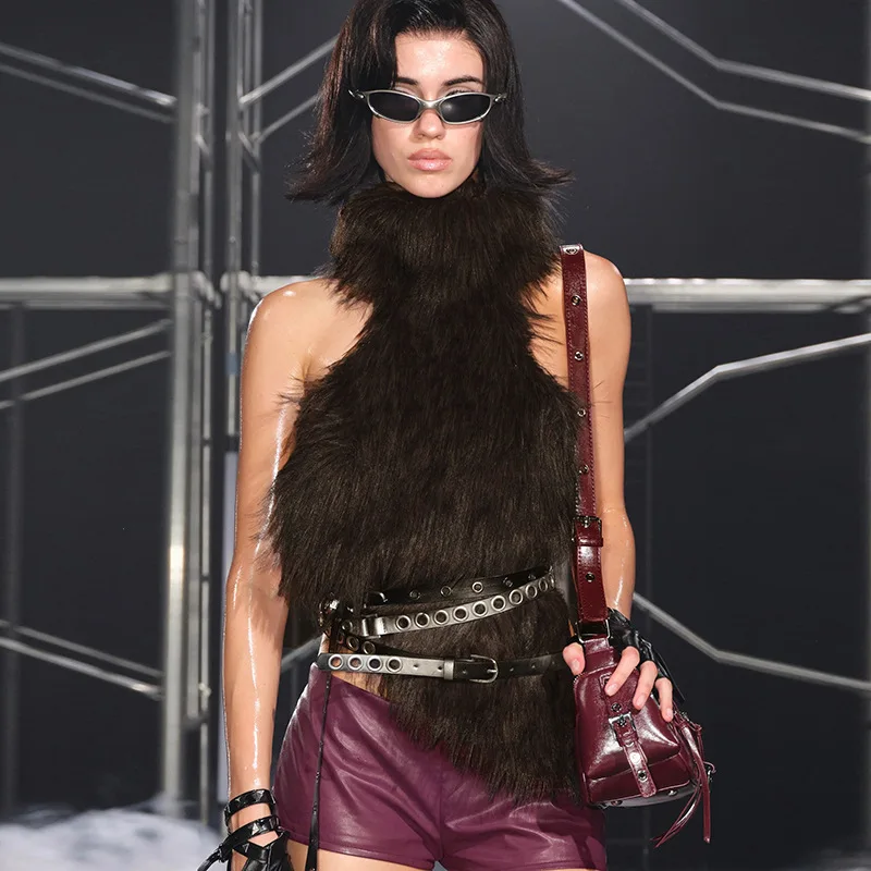 

Y2k Fashion Women Fur Vests Jackets Tops Backless Buckle Leather Waist Fluffy Furry Jacket Outerwear Party Plush Coats & Jackets