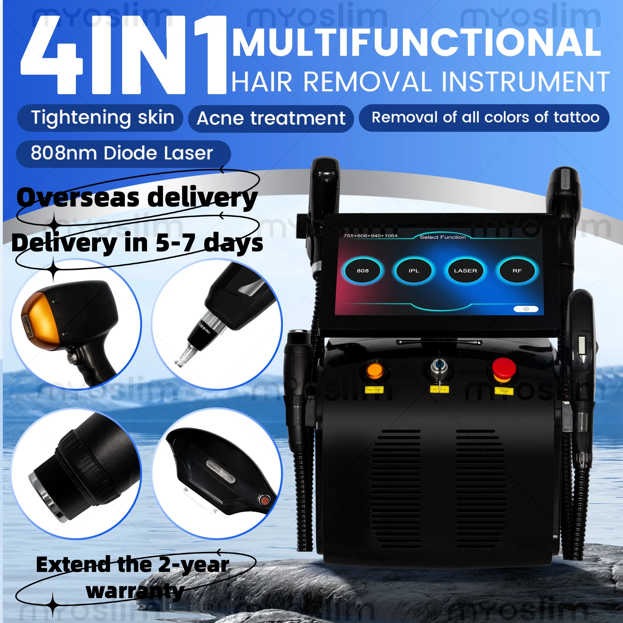5000W PRO 4 in 1 Diode Ice Titanium  Hair Removal Machine 755 808 940 1064nm Body Hair Removal with 4 Wavelength Options