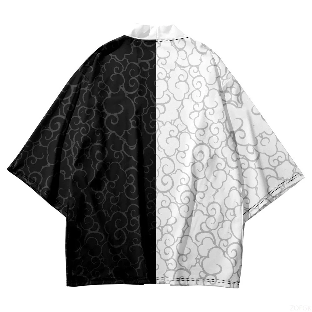 Oriental Black and White Patch Kimono Jacket Women's Flower Loose Open Collar Lightweight Summer Pajamas Bathrobe