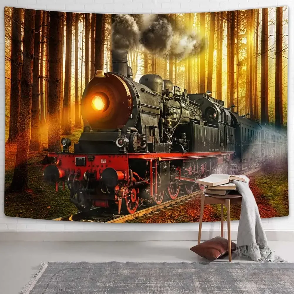 Steam Engine Tapestry, Antique Northern Express Train Canada Railways Freight Machine Wall Hanging for Bedroom Living Room Dorm