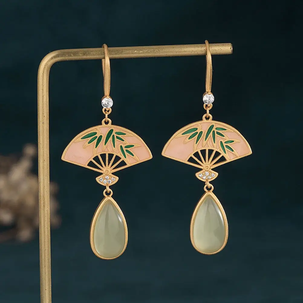 1Pair Palace Style Fan Shape Jade Earrings Delicate Classical Chinese Ear Drops Elegant Women Ear Pendant Decoration
