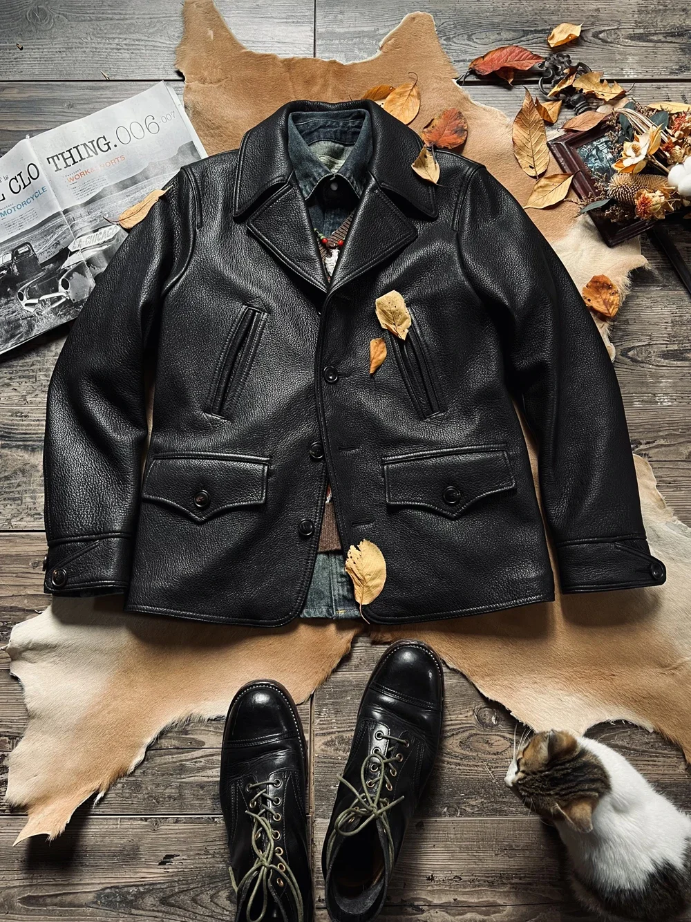 

Tailor Brando Italy La Biesseuno SRL Rare Deerskin American Retro Switchyard Coat Cow Horn Buckle Leather Jacket