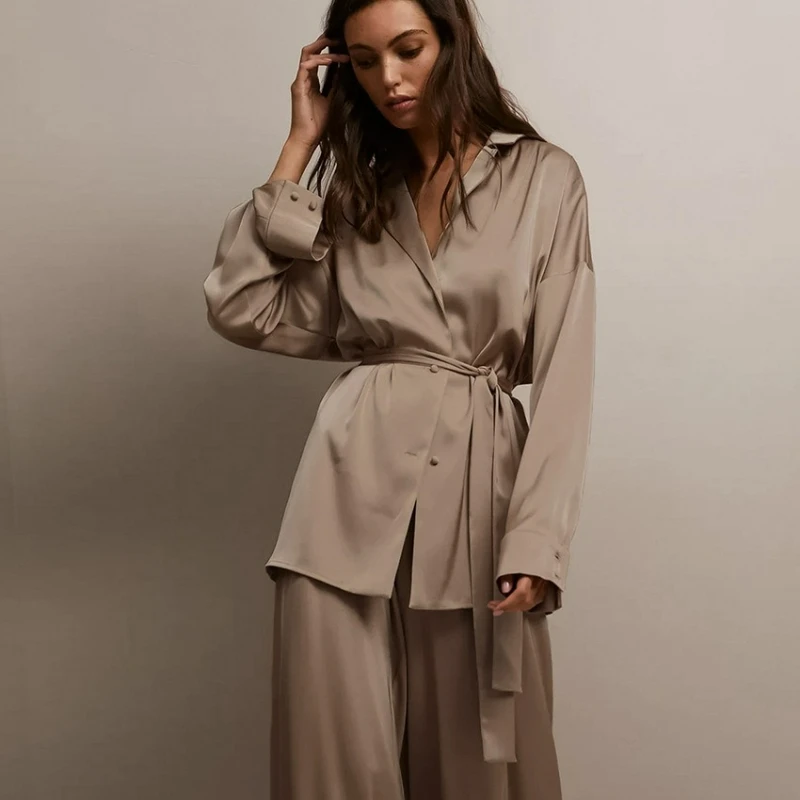 Pajamas Ice Silk Two-piece Set Spring Summer Bathrobe High-end Look Long Pants Comfortable Simple French Home Wear for Women