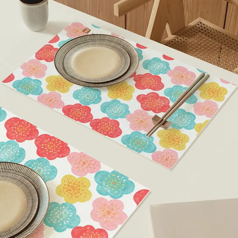 VIKAMA Colorful Plum Blossom Placemat, Floral Print Table Mat, Heat Resistant Non Slip Washable Kitchen Pad, Dining Decor
