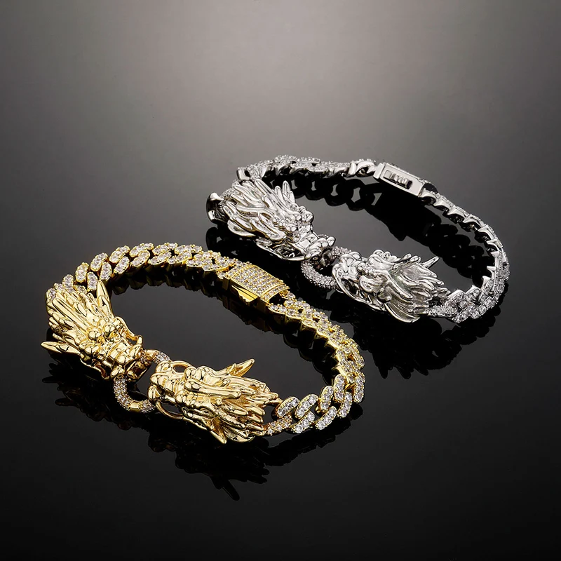 

Hip Hop 3A+ CZ Stone Paved Bling Iced Out Double Dragon Head Link Chain Bracelets for Men Rapper Jewelry Gold Silver Color