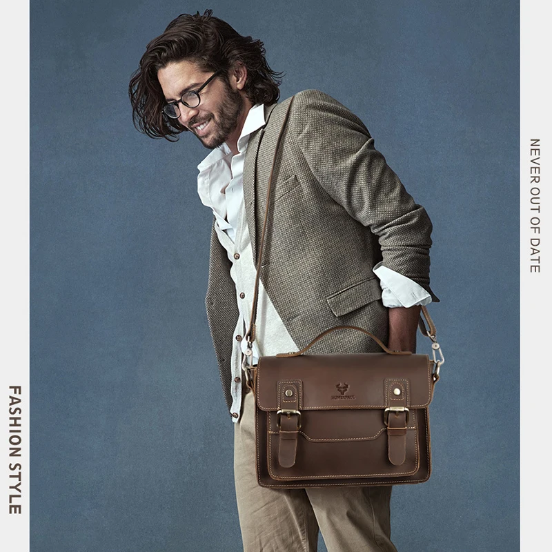 Men'S Shoulder Bag Top Layer Genuine Leather Cowhide Vintage Briefcase Tote Handbag Messenger Crossbody Side Portable Square Bag - view 2