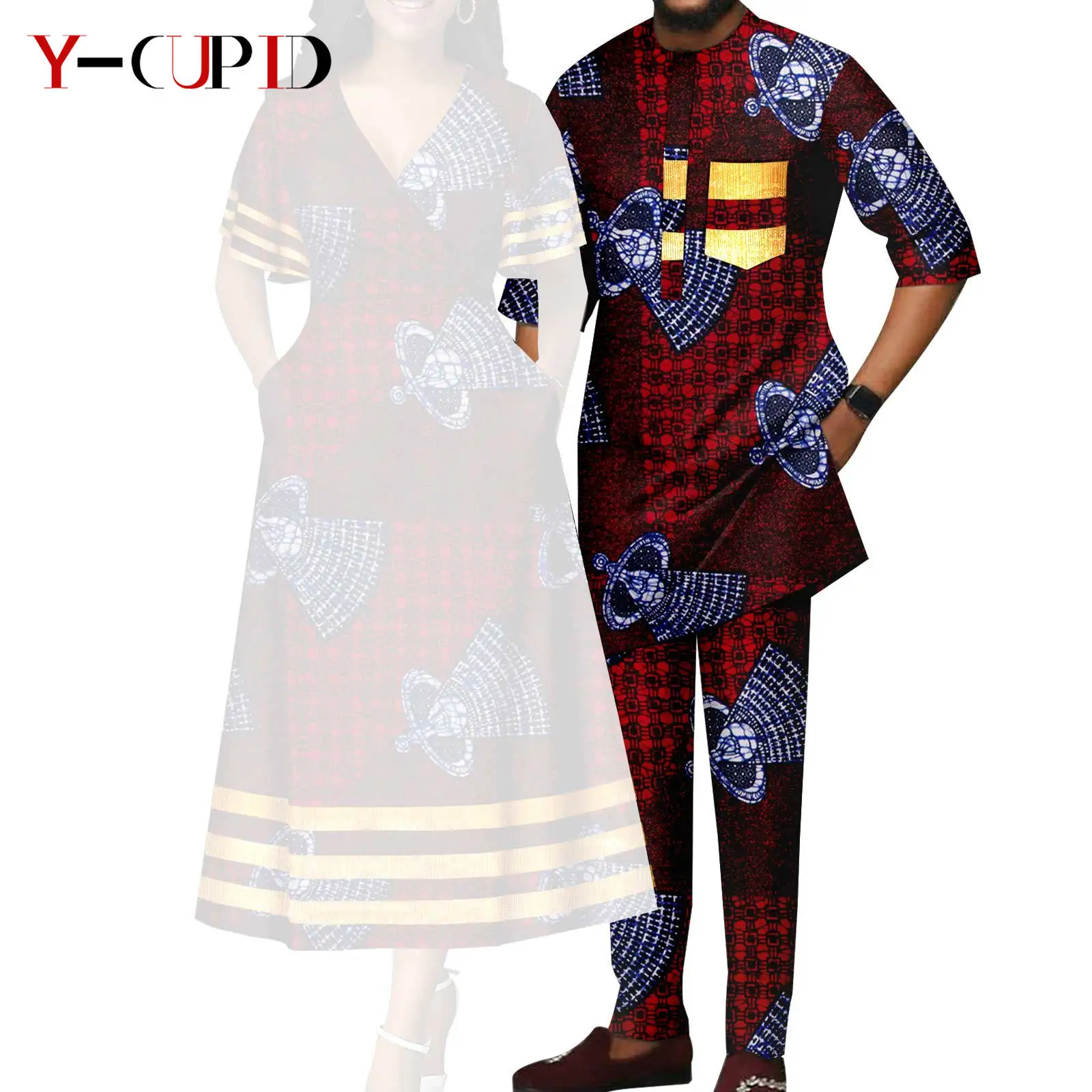 African Print V-neck Dresses for Women Couple Matching Men Outfits Top and Pant Sets Dashiki Bazin Riche Lover Outwear Y23C086