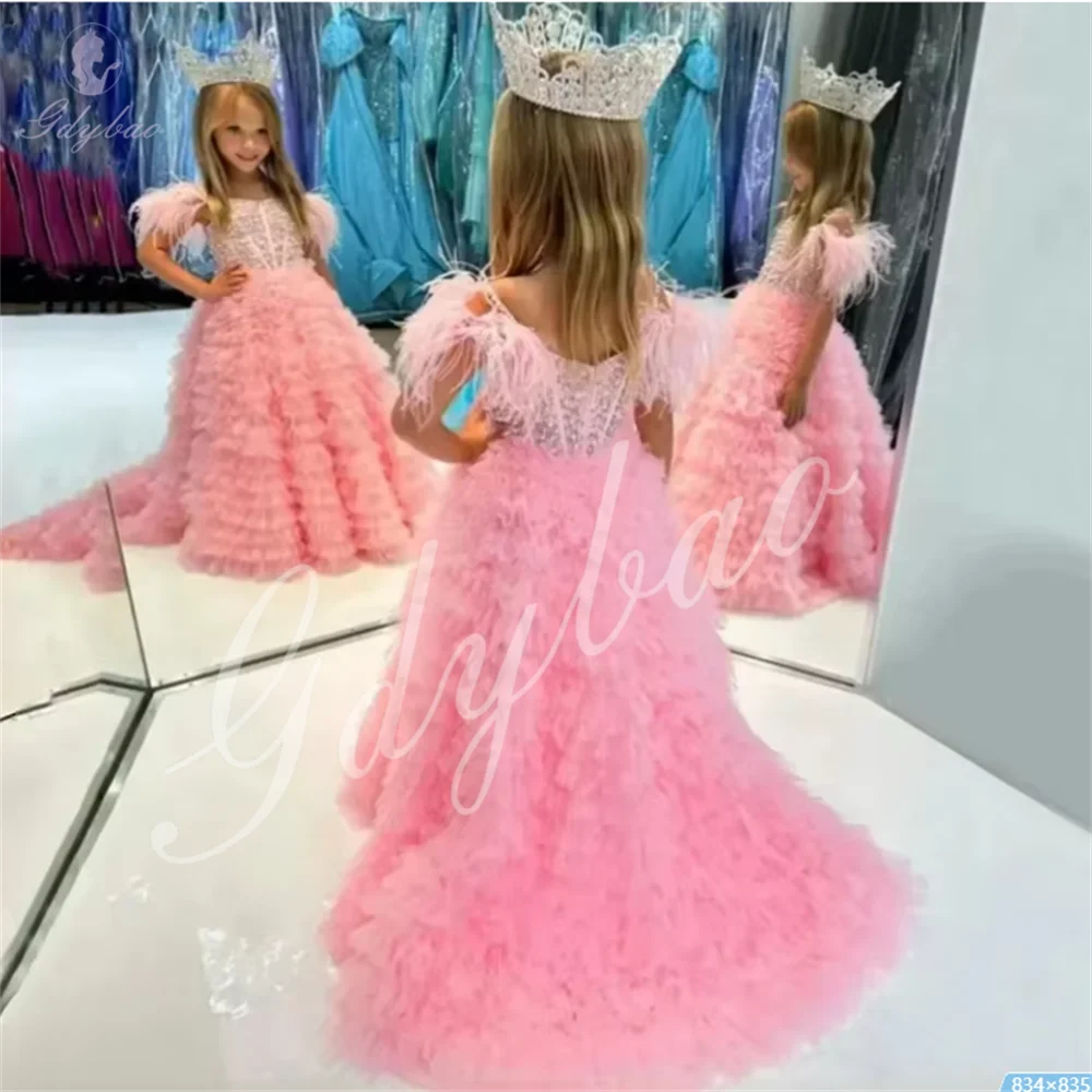 Feather Pink  Flower Girl Dresses Sequined Tulle With Trailing Little Girl's Birthday Tiered Tulle Kids Prom Pageant Dresses