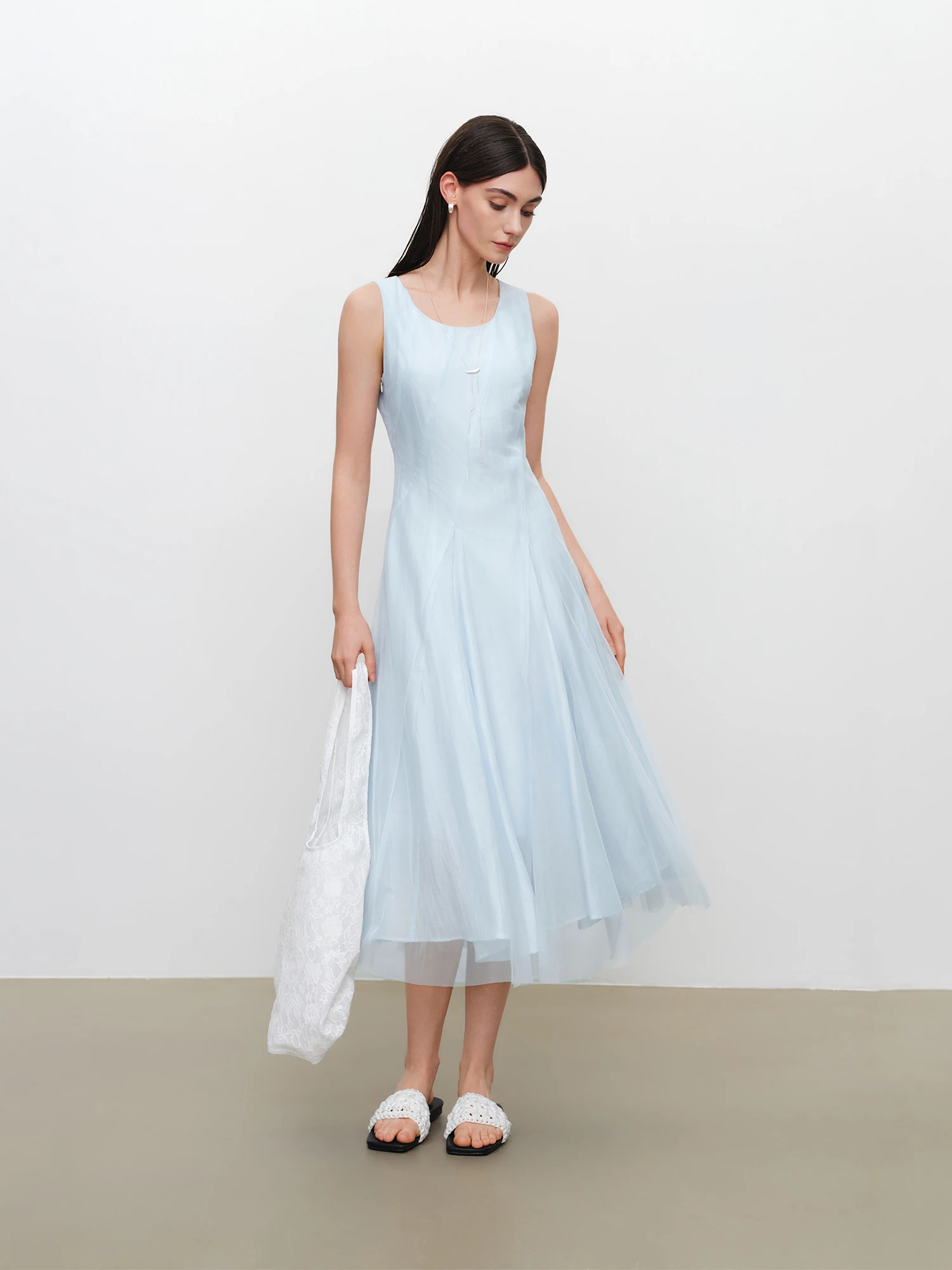 ZIQIAO 2026 Summer Women’s Draped Waist-Cinching Sleeveless Mesh Midi Dress, Sheer Panels Maxi Dress for Liquid Draping Style